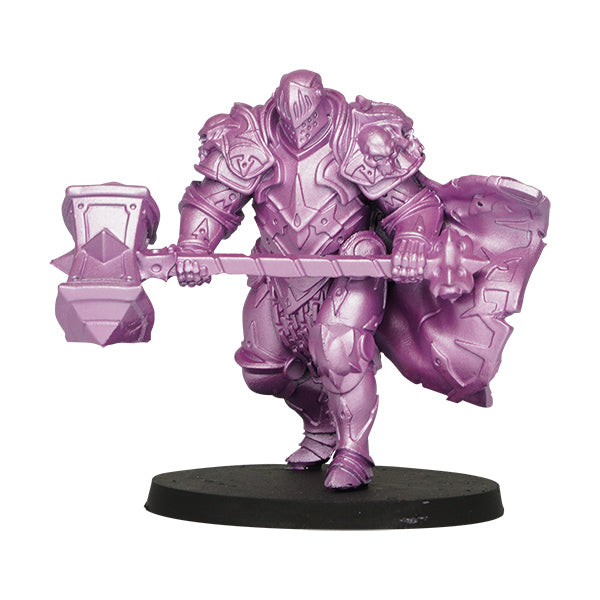 Vallejo True Metallic Metal Light: Crimson Magenta (18ml) - Metallic crimson magenta painted fantasy warrior miniature with armor, hammer, and shield on black base.