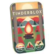 Tinderblox - Rectangular tin box with colorful campfire and mountain illustration labeled Tinderblox, family dexterity game packaging.