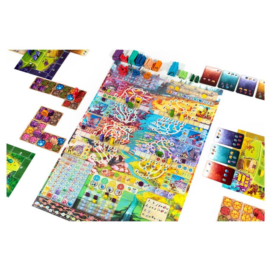 Arborea - Colorful Arborea strategy board game with detailed forest and tree artwork, wooden tokens, and various card decks arranged.