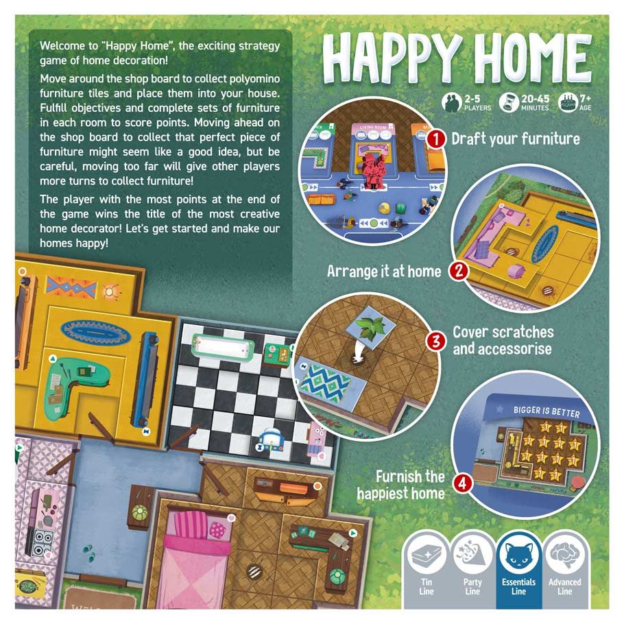 Happy Home - Happy Home game box with colorful illustrations of miniature furniture pieces and game instructions on a green background.
