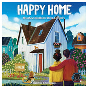 Happy Home - Colorful board game box featuring a white house with a brown roof, a family standing outside, and a "Sold" sign in the.