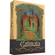 Calimala - Calimala strategy board game box with a gold and dark blue design featuring a large bird with spread wings perched on a.
