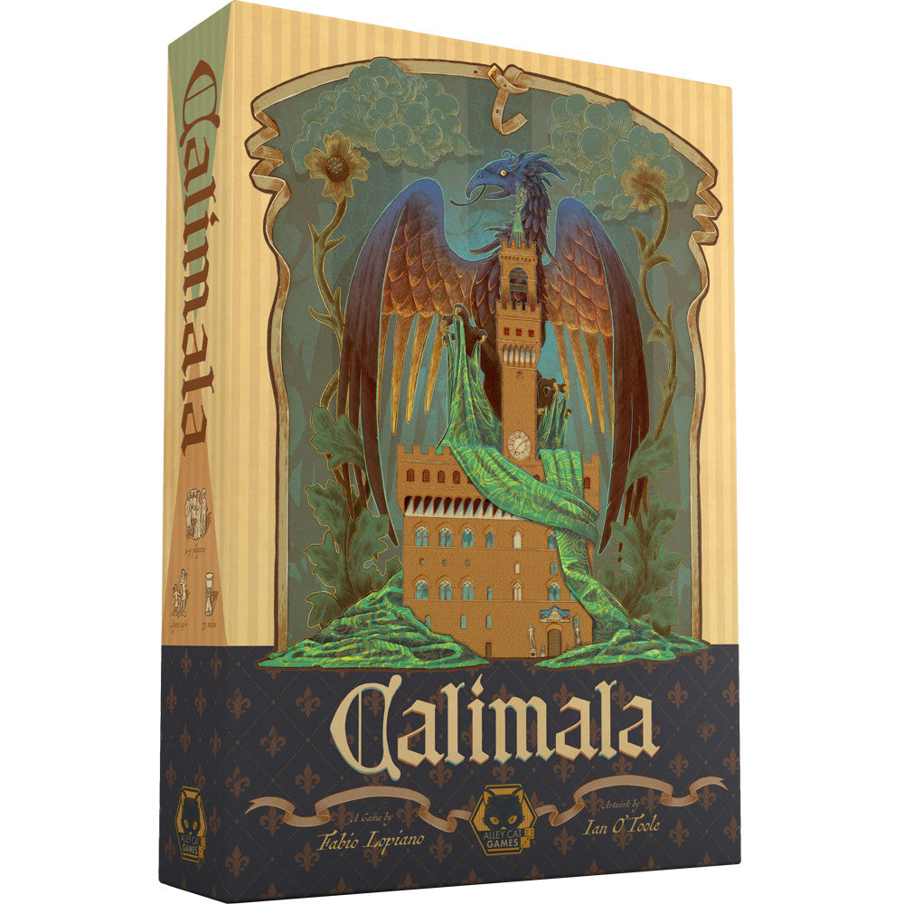 Calimala - Calimala strategy board game box with a gold and dark blue design featuring a large bird with spread wings perched on a.