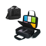 Enhance: Card Deck Storage Bag - Black rectangular card deck storage bag with zippered compartments, handle, and adjustable shoulder strap, open section.