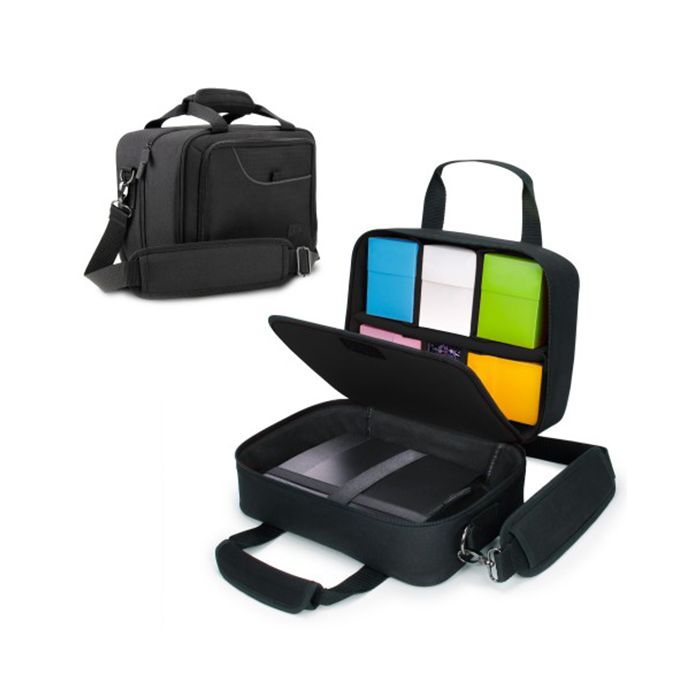 Enhance: Card Deck Storage Bag - Black rectangular card deck storage bag with zippered compartments, handle, and adjustable shoulder strap, open section.
