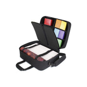Enhance: Card Deck XL Storage Bag - Black fabric storage bag with zipper, handle, detachable shoulder strap, holding colorful card decks and accessories inside.