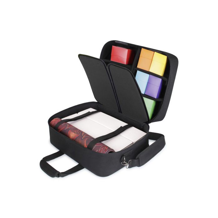 Enhance: Card Deck XL Storage Bag - Black fabric storage bag with zipper, handle, detachable shoulder strap, holding colorful card decks and accessories inside.