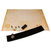 Enhance: Grid Mat Campaign Kit - Large beige grid mat with faint brown gridlines, black marker holder, four colored markers, and black carrying case with.