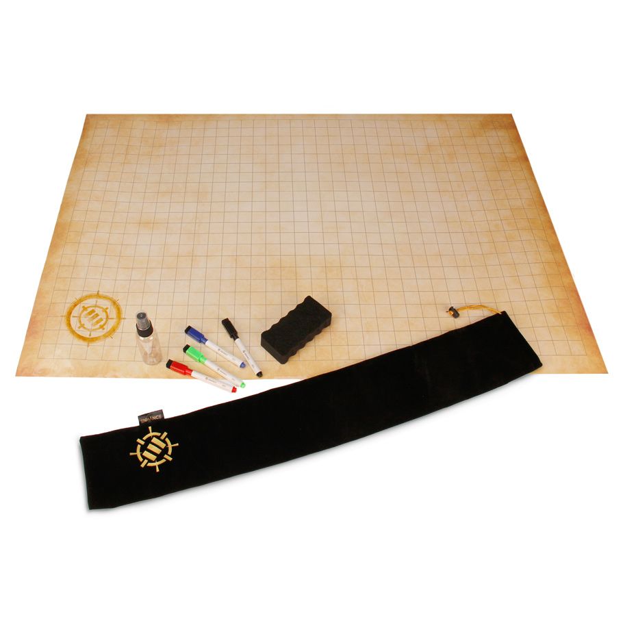 Enhance: Grid Mat Campaign Kit - Large beige grid mat with faint brown gridlines, black marker holder, four colored markers, and black carrying case with.