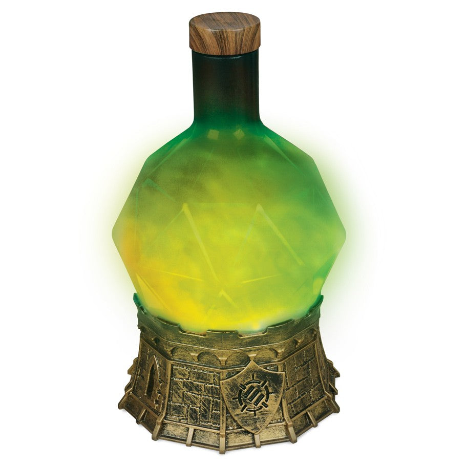 Enhance: Tabletop Potion Light: Green - Green frosted glass potion bottle with wooden stopper on detailed bronze spider web base.