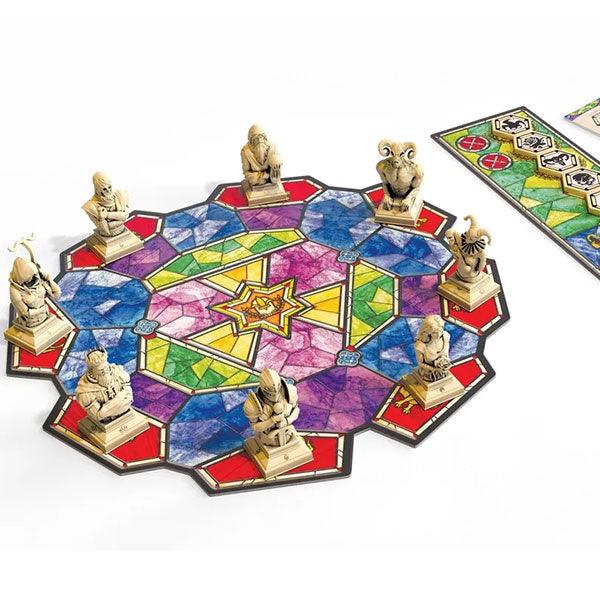 Enthrone - Hexagonal board game with colorful geometric tiles and beige carved figurine pieces arranged around the edges.