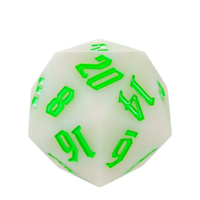 Giant Bouncy D20 - UV Color Change Green - Large translucent white 20-sided die with bright green UV reactive numbers.