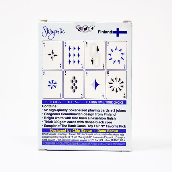 DEK Playing Cards: sisu (PREORDER) - White playing card box with blue and black abstract star and dot designs, Finland flag, and detailed product information.