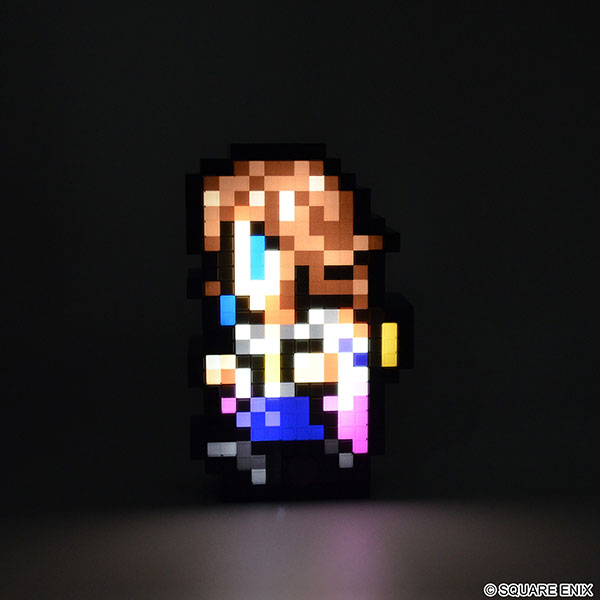 Final Fantasy Pixelight Neo: FFRK Yuna (PREORDER) - Pixelated Yuna character light with brown hair, blue eyes, white top, and purple skirt on black background.