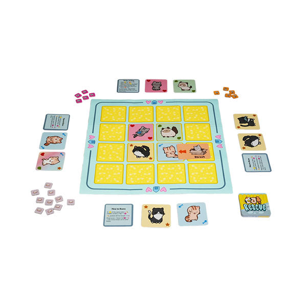 Cat Rescue: 2nd Edition - Square board game with yellow and light blue grid featuring cartoon cats, surrounded by character and task cards in pastel.