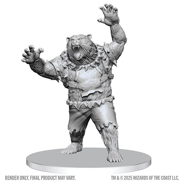 D&D Nolzur's Marvelous Miniatures: Werebear (PREORDER) - Unpainted gray resin werebear miniature with muscular humanoid bear form, claws extended, standing on circular base.
