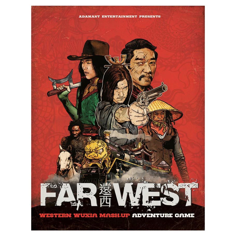 Far West - Red game cover featuring five diverse characters in Western and martial arts attire, two holding pistols, one with a sword,.