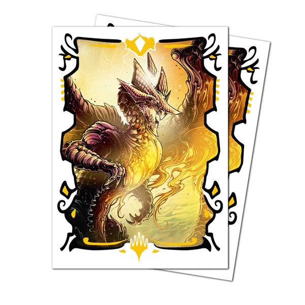 Apex Deck Protectors - Tarkir Dragonstorm - Betor, Kin to All (105ct) - Glossy card sleeves featuring a detailed gold and brown dragon with flame accents on a fiery yellow background.