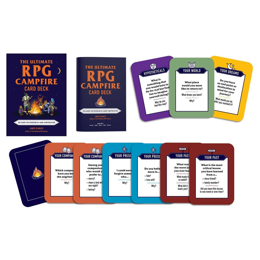 The Ultimate RPG Campfire Card Deck - Deck of colorful RPG campfire cards with questions and prompts, shown with purple box and matching booklet.