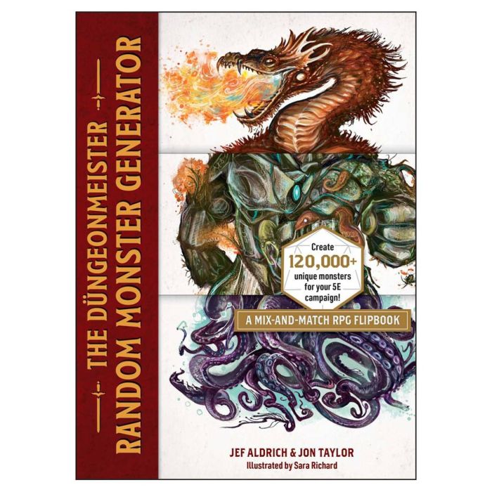 Dungeonmeister: The Random Monster Generator - White RPG flipbook cover featuring a roaring fire-breathing dragon, a green armored monster, and a purple tentacled.