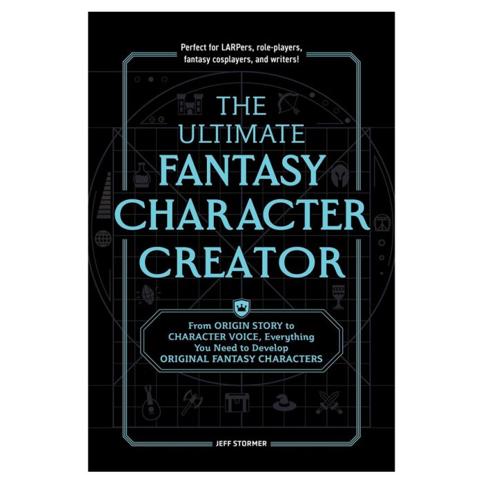 The Ultimate Fantasy Character Creator - Black book cover featuring light blue text and geometric fantasy-themed line art designs for character creation guide.