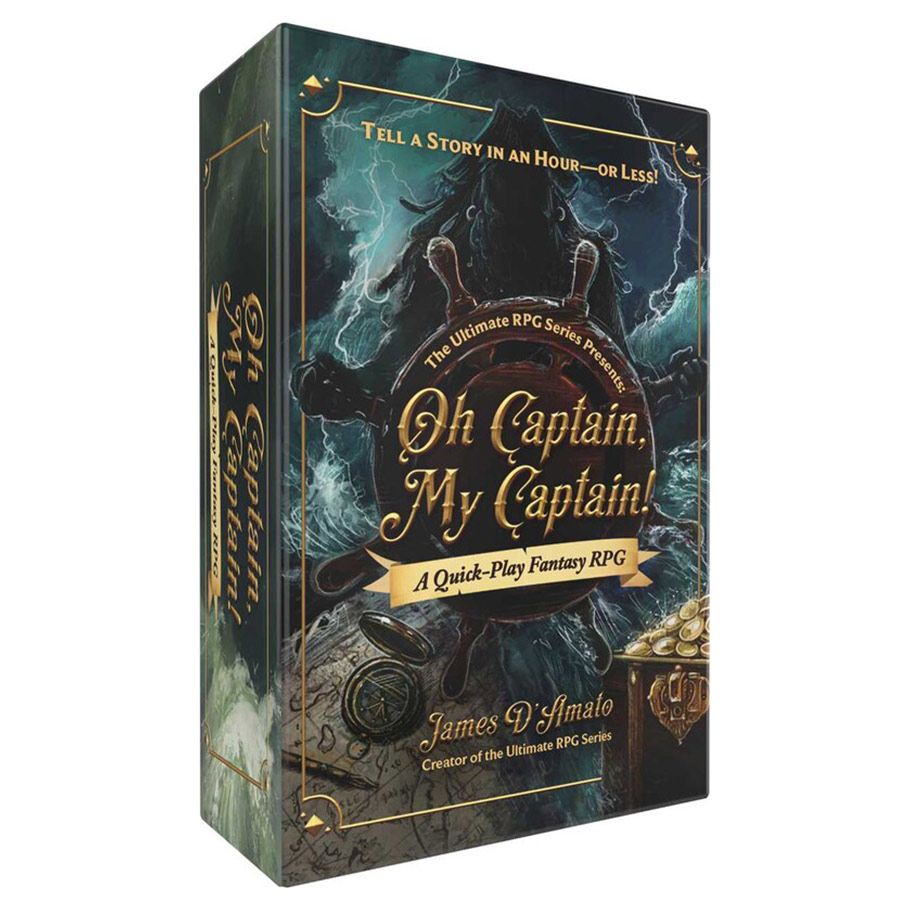 The Ultimate RPG Series Presents: Oh Captain, My Captain! - Dark fantasy RPG box with ornate gold lettering and sea-themed illustrations, featuring a stormy ocean and ship elements.