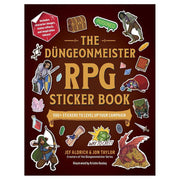 The Dungeonmeister RPG Sticker Book - Dark red sticker book cover featuring colorful fantasy RPG-themed stickers like a dragon, treasure chest, rat, wolf,.