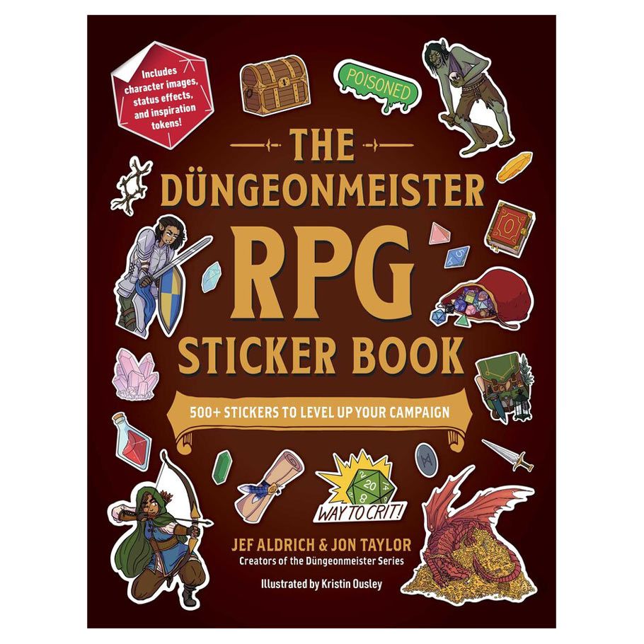 The Dungeonmeister RPG Sticker Book - Dark red sticker book cover featuring colorful fantasy RPG-themed stickers like a dragon, treasure chest, rat, wolf,.