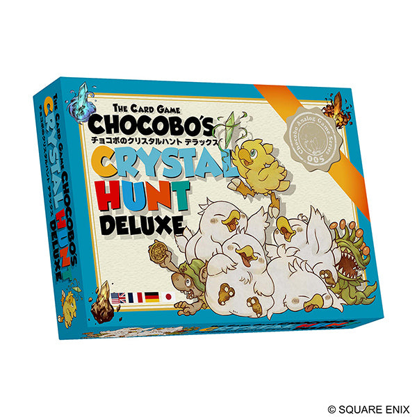 Chocobo's Crystal Hunt Card Game: Deluxe (PREORDER) - Chocobo’s Crystal Hunt Deluxe card game box with colorful fantasy artwork and playful Chocobo characters on a light.