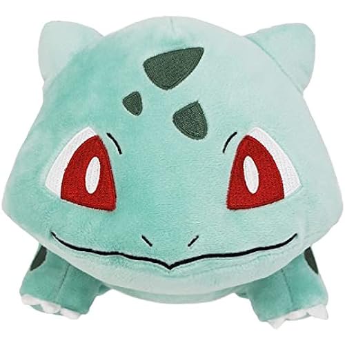 Pokémon All Star Collection - Bulbasaur Medium Plush, 9" - Soft teal-green Bulbasaur plush with large red eyes, triangular spots, and rounded ears, 9 inches tall.