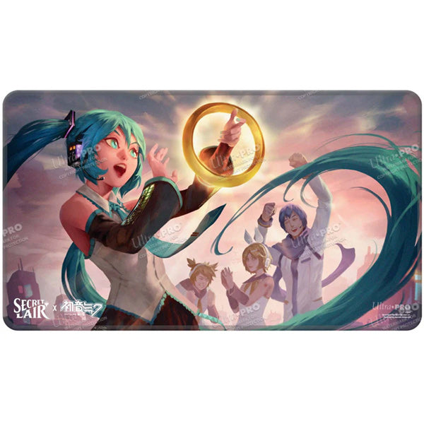 Playmat: MTG Stitched- Hatsune Miku Retrospective- Summer- Sol Ring - Rectangular gaming playmat featuring anime-style character with teal twin-tails and a glowing golden ring against a pastel.