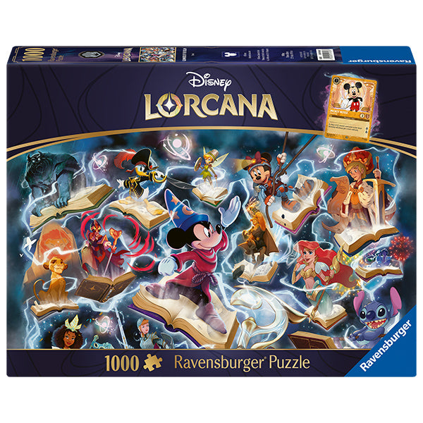 1000 Piece Puzzle: Disney Lorcana Glimmers of the Realm - Amethyst (PREORDER) - 1000-piece Disney Lorcana Ravensburger puzzle featuring colorful animated characters on a dark purple background.