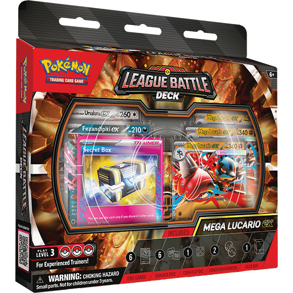Pokémon TCG: Mega Lucario ex League Battle Deck - Pokémon TCG League Battle Deck with Mega Lucario ex featuring colorful cards and orange-black packaging.