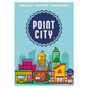 Point City - Point City card game box with colorful cartoon city buildings on a blue background and bold white title text in a dark blue.