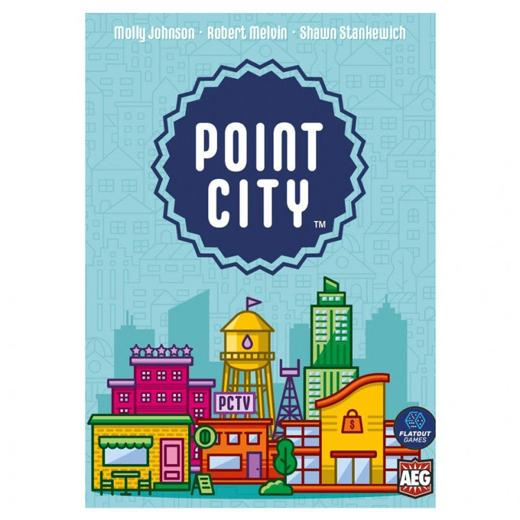 Point City - Point City card game box with colorful cartoon city buildings on a blue background and bold white title text in a dark blue.
