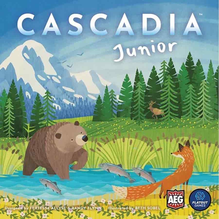Cascadia Junior - Colorful game box with a bear, salmon jumping in a river, pine trees, and snowy mountains background.