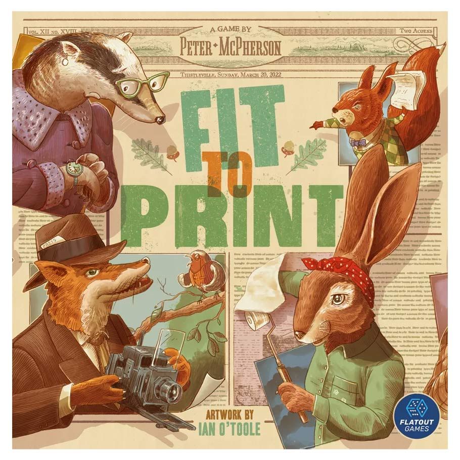 Fit to Print - Colorful game box cover featuring illustrated animal characters including a fox, rabbit, squirrel, and badger around the.