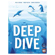 Deep Dive - Blue-themed board game box cover featuring playful dolphins and seals diving in ocean waves with bold white "Deep Dive" text.