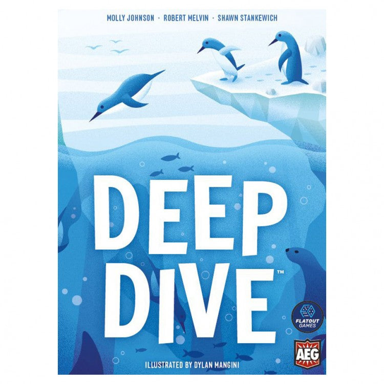 Deep Dive - Blue-themed board game box cover featuring playful dolphins and seals diving in ocean waves with bold white "Deep Dive" text.