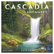Cascadia: Landmarks - Cascadia Landmarks board game box featuring a vibrant forest waterfall scene with a bear in the foreground and lush greenery.