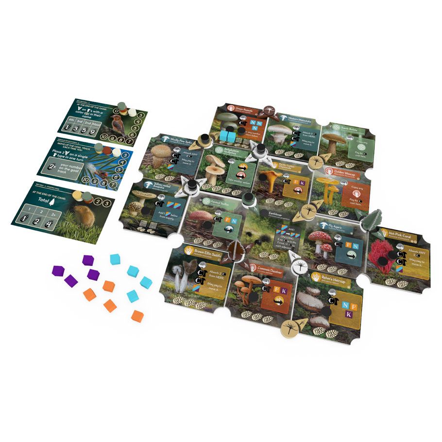 Undergrove - Modular game board with illustrated forest tiles, wooden tokens in orange, purple, and blue, and player cards with icons and