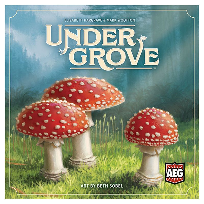 Undergrove - Board game box with red and white spotted mushrooms in a misty forest setting, titled Undergrove.