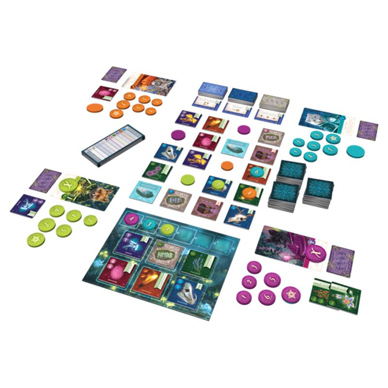 Nocturne - Colorful strategy board game components including cards, tokens, and a central board with fantasy-themed illustrations and.