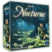Nocturne - Square board game box featuring a moonlit forest with a standing anthropomorphic fox dressed in medieval attire.