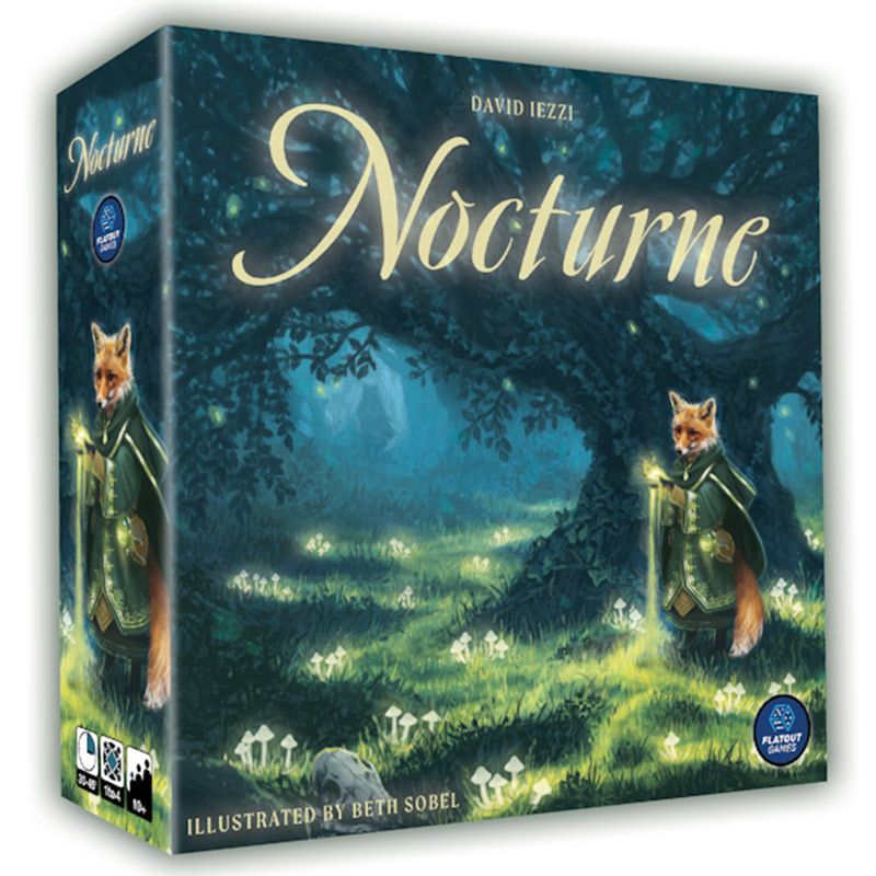 Nocturne - Square board game box featuring a moonlit forest with a standing anthropomorphic fox dressed in medieval attire.