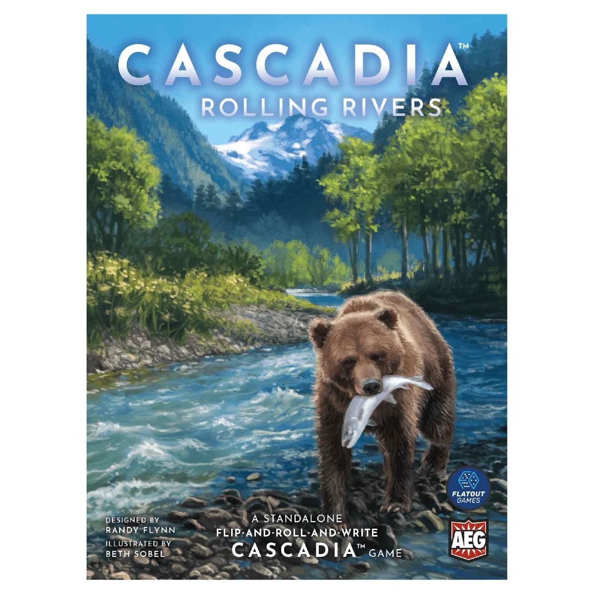 Cascadia: Rolling Rivers - Board game box with a river scene showing a brown bear catching a fish, surrounded by trees and mountains.