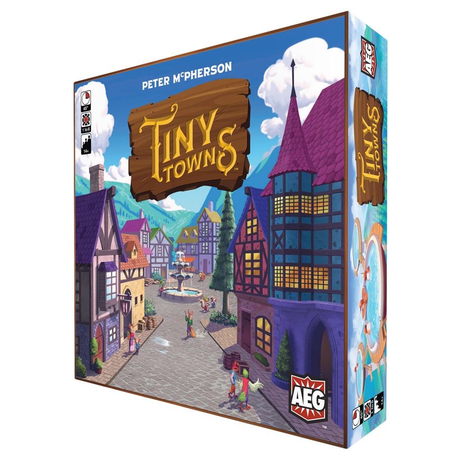 Tiny Towns - Colorful game box with illustrated medieval-style village featuring cobblestone streets and whimsical buildings.