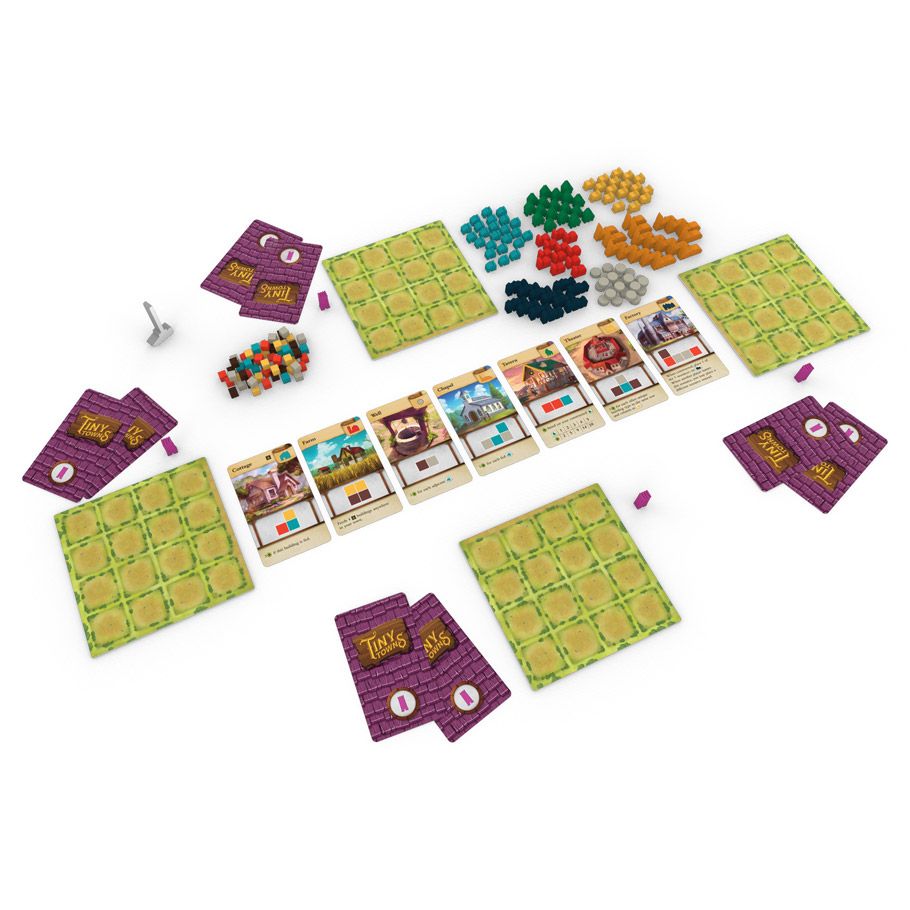 Tiny Towns - Board game setup with green grid cards, colorful wooden resource tokens, character cards with illustrations, purple player.