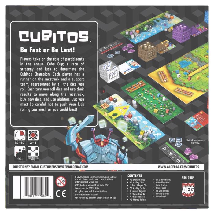 Cubitos - Cubitos board game box with colorful game cards featuring animal racers and dice cubes for a family racing game.