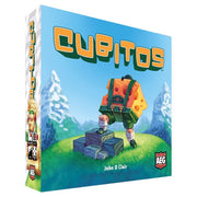 Cubitos - Cubitos board game box featuring a colorful pixel art style with a small character and a large robotic figure on a grassy.